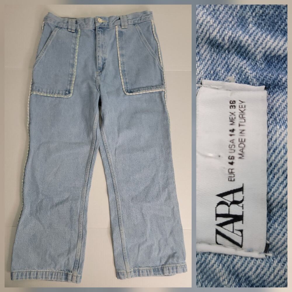 ZARA High Rise Jeans Sz 14 Tweed Trim Jewel Button Crop Wide Leg Light Wash Y2K - Picture 1 of 11